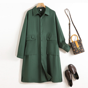 Real shot art solid color long sleeve trench coat women's long spring new plus size loose slim lapel outer wear coat