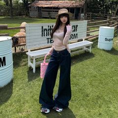 【今茵】美式复古低腰辣妹宽松微喇裤百搭显瘦不贴腿牛仔裤女新款