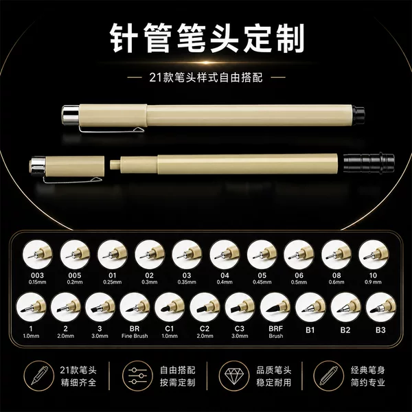 Customized drafting needle pen, black multi-tip office writing tool, fine-line pen, refillable and extremely fine