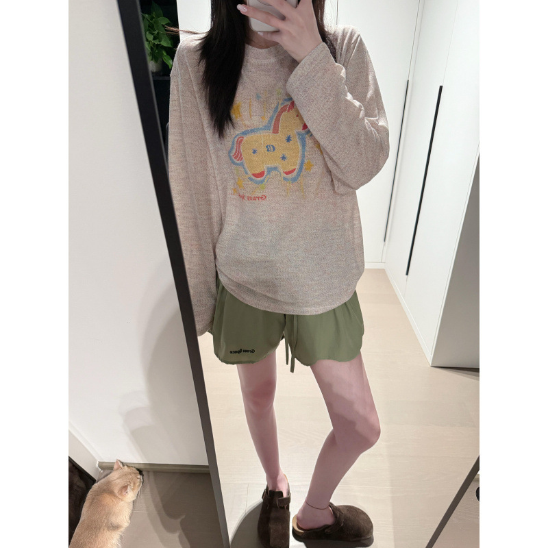 American retro thin long-sleeve t-shirt for women, summer pony print sun protection shirt, casual loose-fitting lazy style top