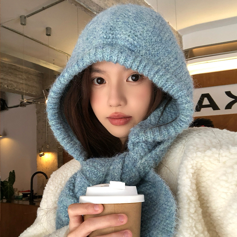 韩系蓝色针织帽子围巾一体女冬季护耳帽保暖毛线帽冬巴拉克拉法帽|undefined