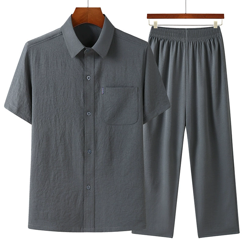 Новая хлопковая и льняная рубашка с короткими рукавами для мужчин среднего и пожилого возраста тонкий летний костюм среднего возраста повседневная пожилая одежда набор брюк
