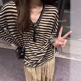 美式复古撞色条纹防晒罩衫t恤女夏季宽松休闲慵懒松弛感上衣薄款