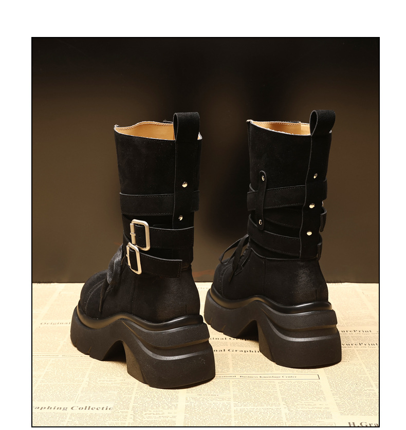 Giày boot nữ đế dày nâng chiều cao phong cách retro, khóa thắt lưng — đen chi tiết 17