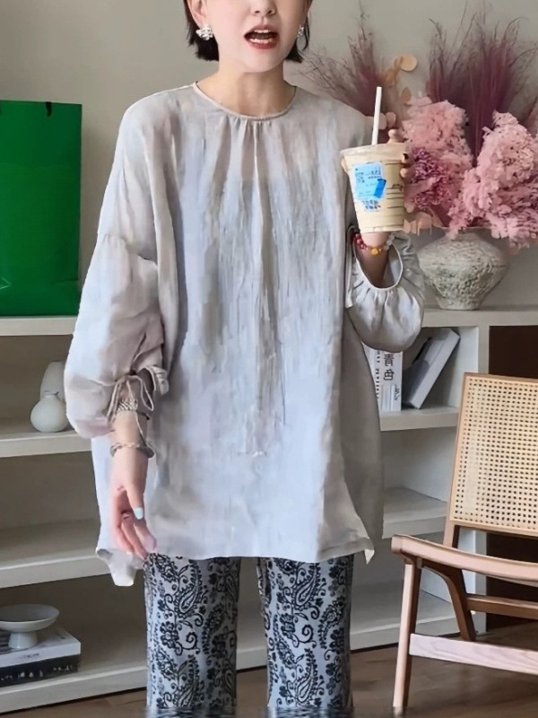 法式高级感圆领薄款灯笼袖衬衫女2025新款夏季宽松设计感防晒上衣|undefined