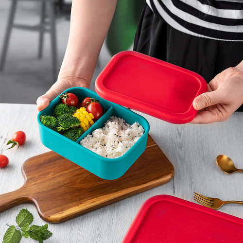 Portable silicone lunch box bento box microwave oven heating lunch box office worker food grade sealed two compartment lunch box 
