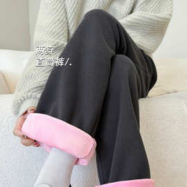 樱花绒美式运动裤女秋冬新款宽松显瘦阔腿裤直筒休闲高腰加绒卫裤