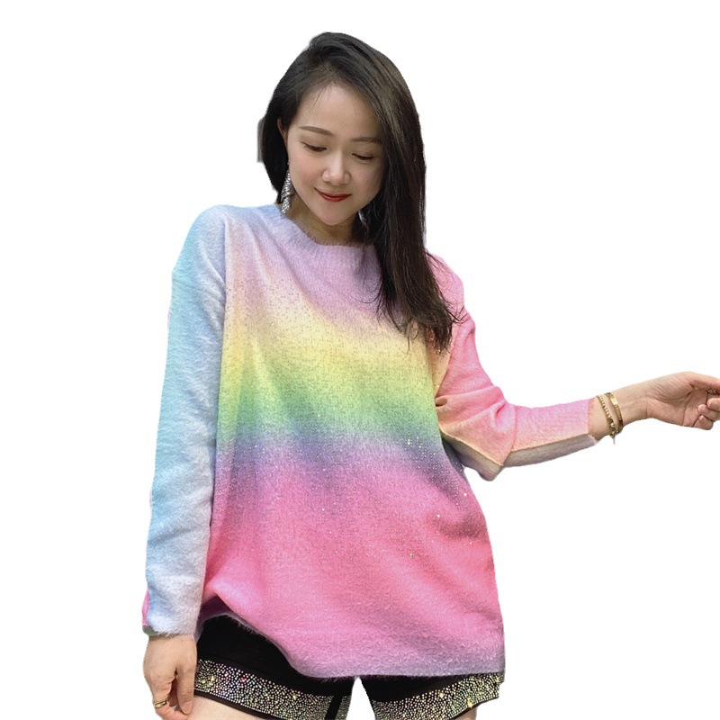 Ropa de comercio exterior, novedad de invierno 2026, estilo europeo, suéter de punto con pedrería resistente para mujer, suéter de manga larga con cuello redondo y diseño de arcoíris para mujer
