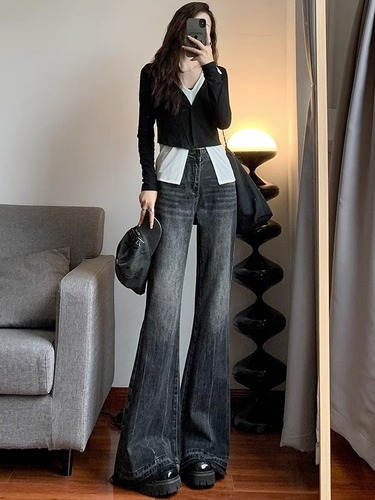 American Retro Micro Bell Bottom Jeans for Women - Autumn Hot Girl Design Sensory Frayed Horseshoe Pants - High Waist Loose Wide Leg Pants