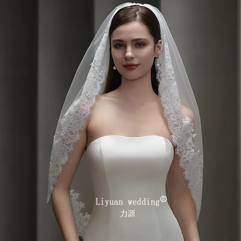 简约婚纱结婚头纱复古法式高级感蕾丝宫廷软纱拍照结婚新娘头纱