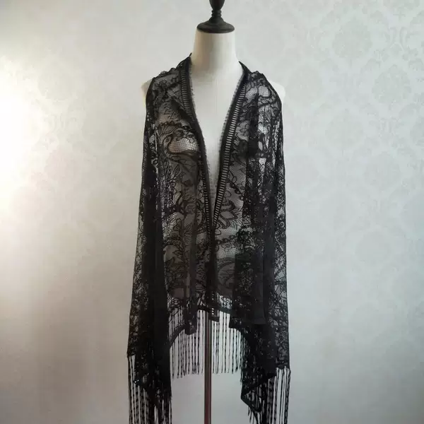 New hollow lace vest women's beach shawl black outer sleeveless mid-length cardigan meat covering waistcoat