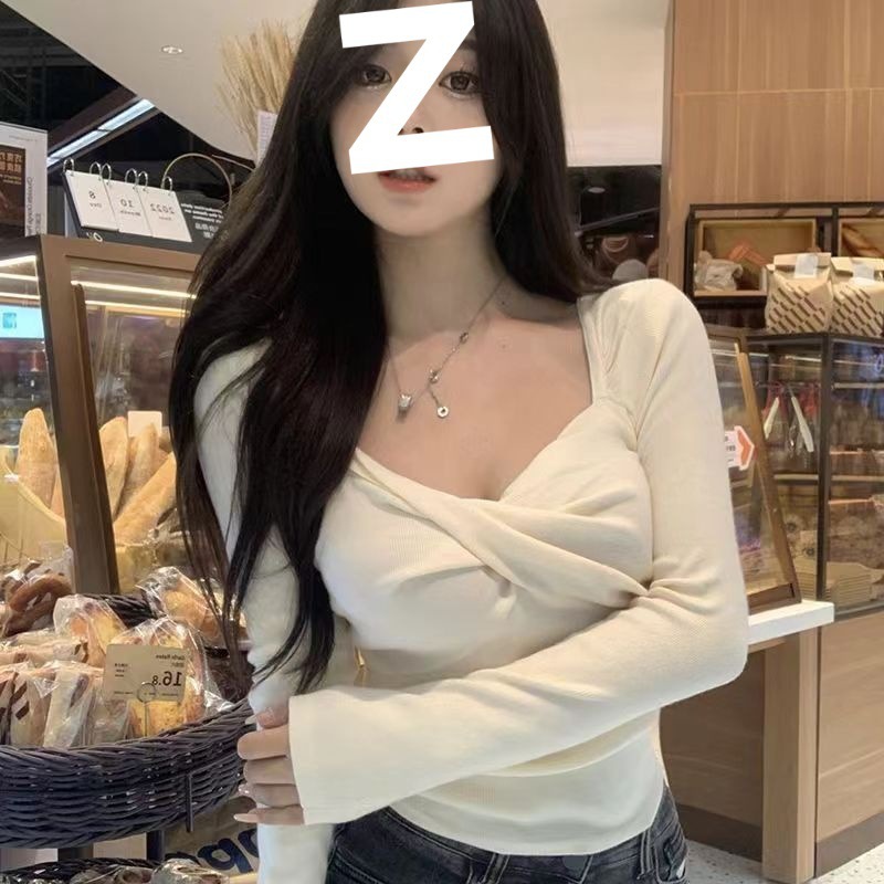 修身春季甜长袖打底衫女短款小众辣妹上衣纯欲显瘦装v领韩版2025