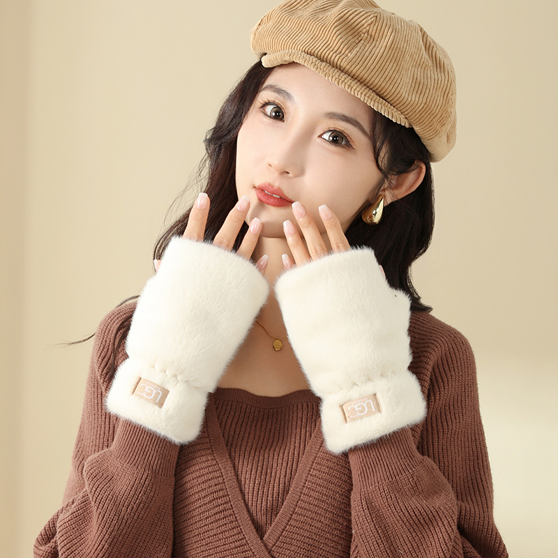 Invierno guantes de pelo de conejo de mitad de dedo femenino de peluche engrosado y veludo para montar calentado a prueba de frío de color sólido sin mangas de dedo