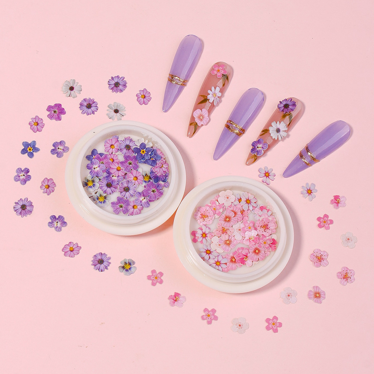 Decoraciones de uñas estilo celebridad de internet, láminas ultrafinas de pulpa de madera, pequeñas flores de margarita y hojas, pegatinas mixtas para uñas con decoración de lámina dorada.