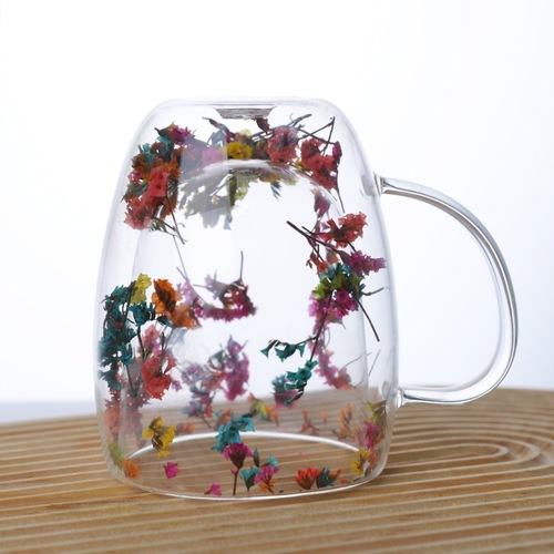 Creative Home Coffee Milk Real Flower Flowing Sand Double Layer Glass Cup with Handle Heat Resistant