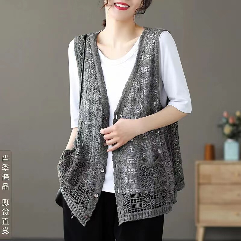 Hollow Knitted Cardigan Vest Women's Summer Casual Fashion Artistic Retro Loose Polka Dot Mesh Top Waistcoat