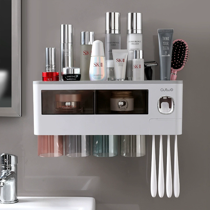 Wall-Mounted Toothbrush Holder Rack, Magnetic Suction with Toothpaste Squeezer, 2–4 Cups