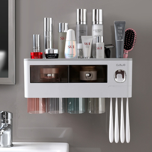 Wall-mounted toothbrush holder wash set household magnetic multi-purpose single drawer storage rack with toothpaste squeezer