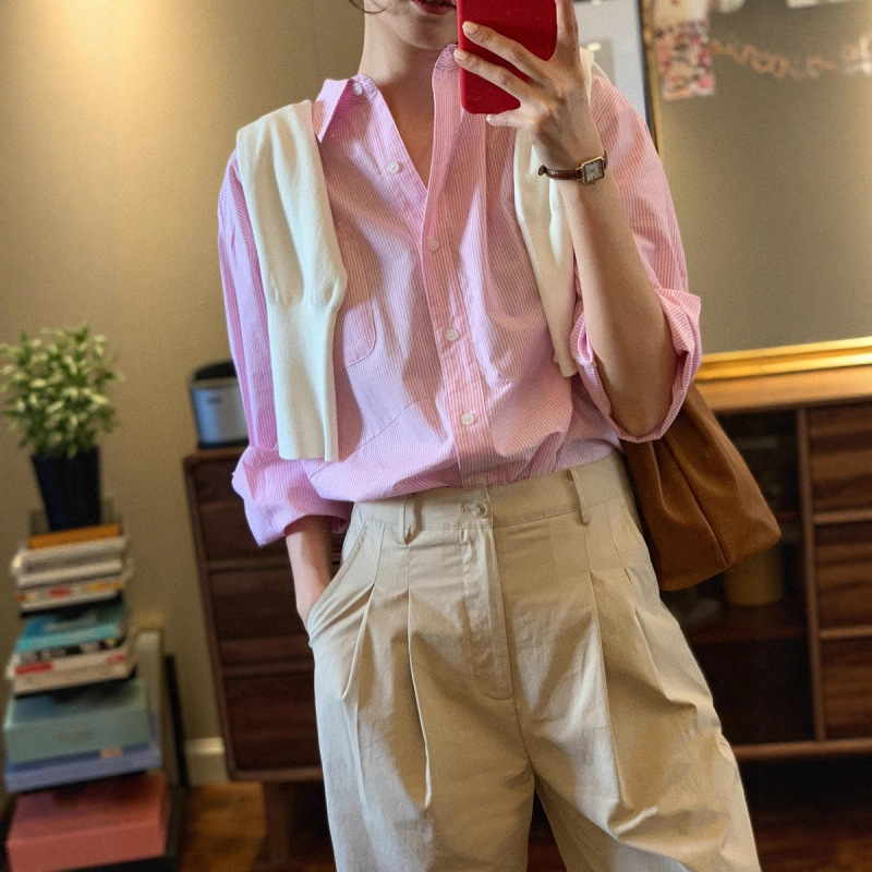Nvyis2025 Limited Edition Peach French-Style Loose-Fitting Fine Striped Casual Long-Sleeve Shirt for Women with a Versatile Design Nvyis2025 Limited Edition Peach French-Style Loose-Fitting Fine Striped Casual Long-Sleeve Shirt for Women with a Versatile Design