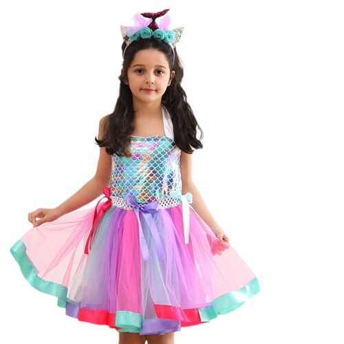 2024 new mermaid princess dress with tiara for girls birthday party colorful mesh dress