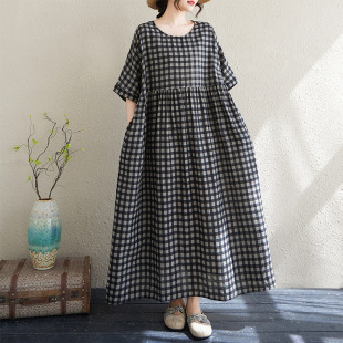 Actual Shot of 2025 New Summer Thin Cotton and Linen Short-Sleeved Plaid Simple Bohemian Mid-Length Export Dress for Women