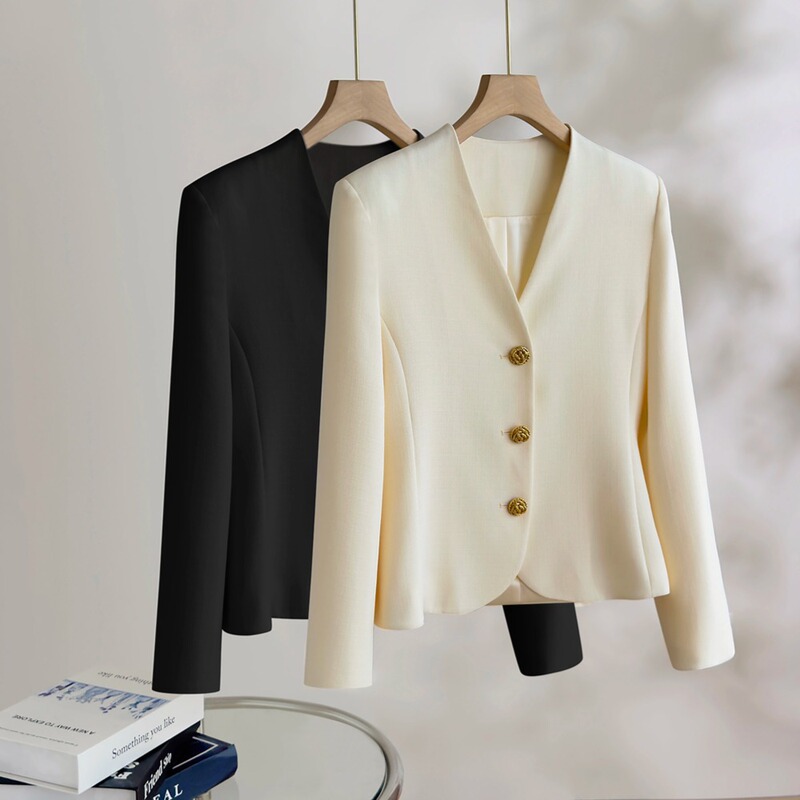 Endi Acetate V-Neck Short Blazer for Women, Spring Simple and Elegant French-Style Waist-Cinching Suit Jacket
