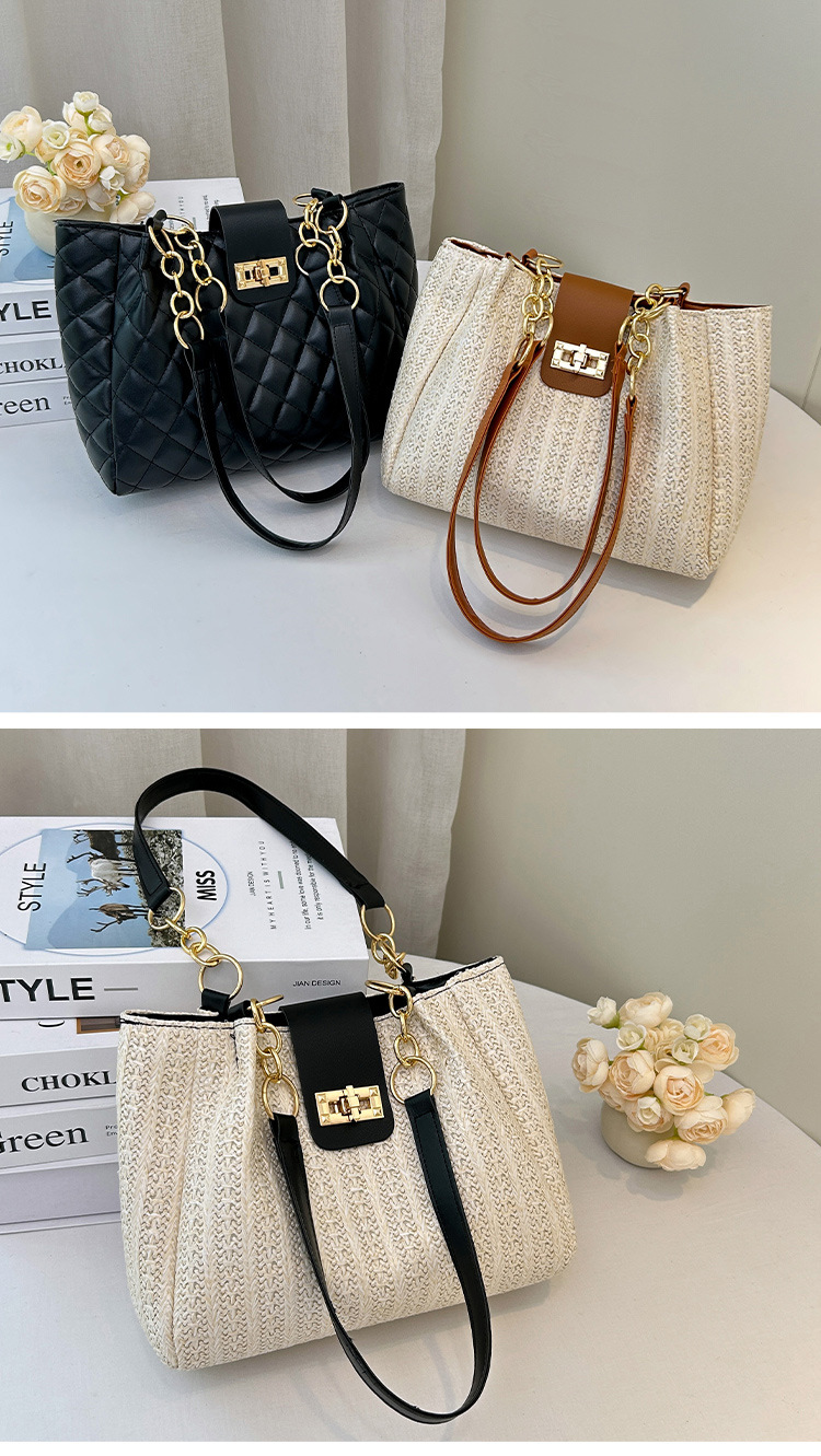 360g Weight Polyester Lining Material Lock clasp Closure Type Double Handle Strap Type Tote Bag Bags Type Daily Occasion Pu Leather, Straw Material Color Block Pattern All Seasons Season Women's Gender Streetwear Style Bucket Shape Medium Size Women's Medium Pu Leather Straw Color Block Streetwear Bucket Lock Clasp Tote Bag 9