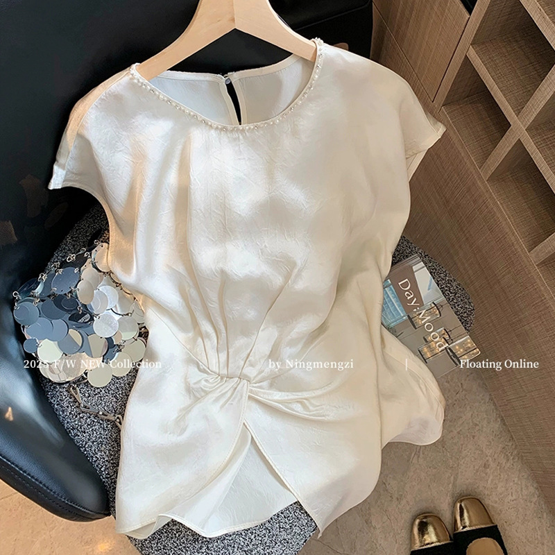 French-Style Beige Pleated Beaded Acetate Satin Top for Women, 2025 Summer New Stylish Waist-Cinching Shirt