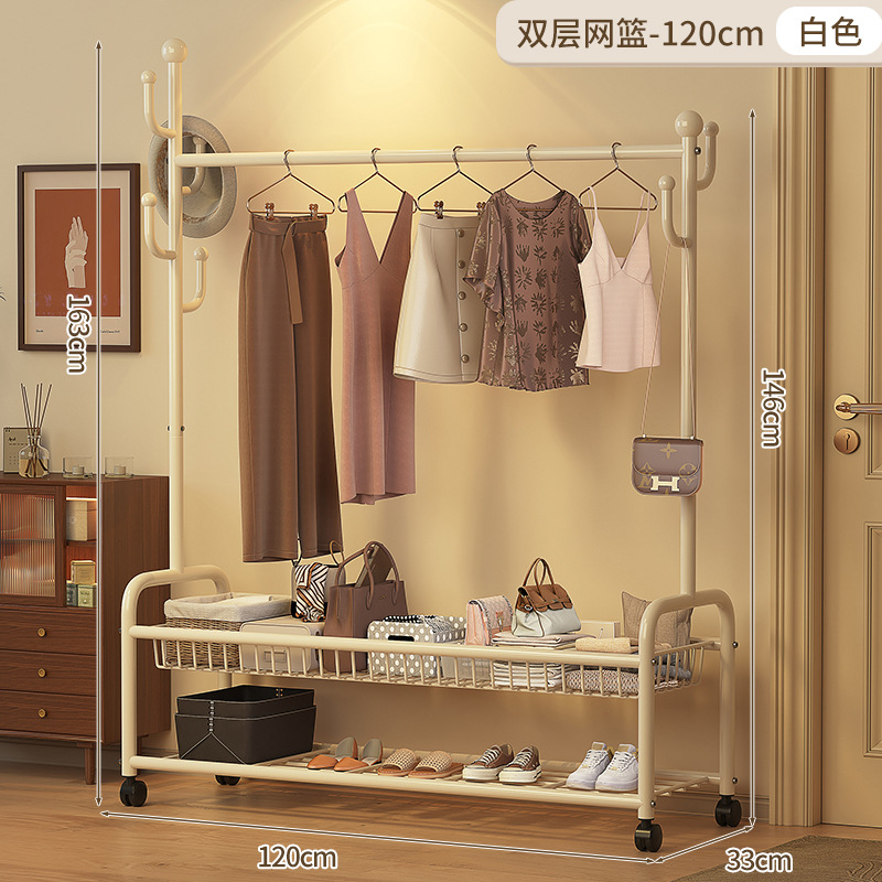 120cm 더블 레이어 메쉬 바스켓 - 크림 화이트 + 후크 6개 + 금속 범용 휠