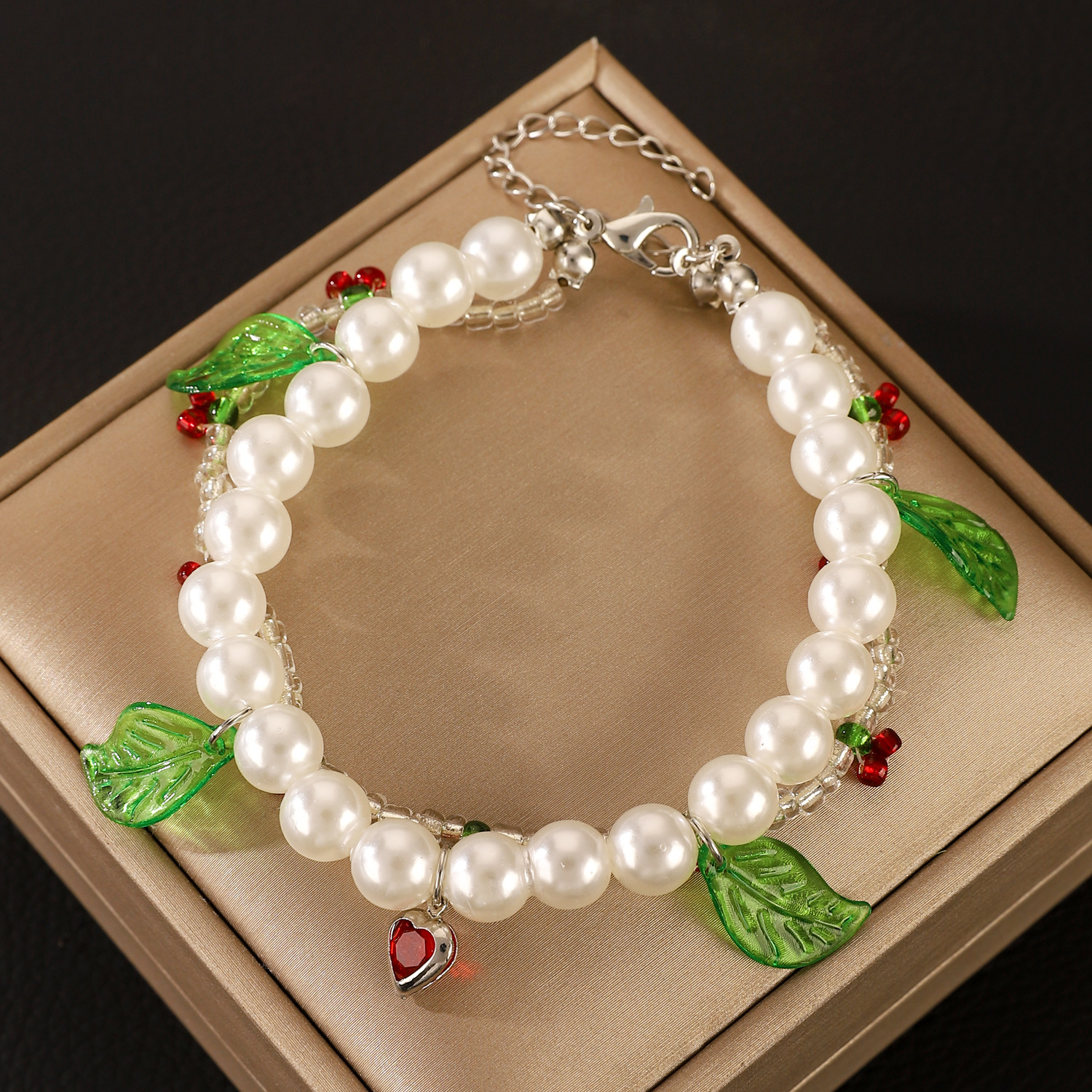 Imitation Pearl, Alloy, Seed Bead Material IG Style Sweet Leaves Cherry Imitation Pearl Alloy Seed Bead Beaded Chain Beaded Bracelets Wholesale