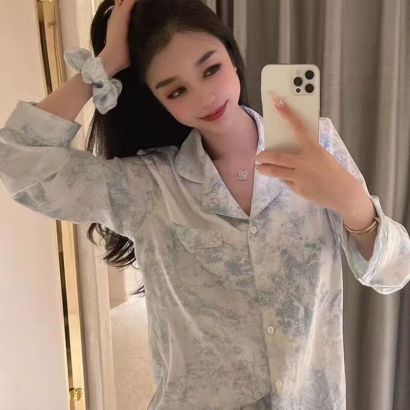 Low-Price Clearance Women's Pajamas, Ice Silk, Good Quality, Sweet and Cute, Long-Sleeve, Long Pants, Cardigan, Includes Hair Tie, Loungewear