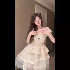 甜美蝴蝶结蓬蓬连衣裙女收腰显瘦夏季小个子超仙约会网纱蓬蓬短裙