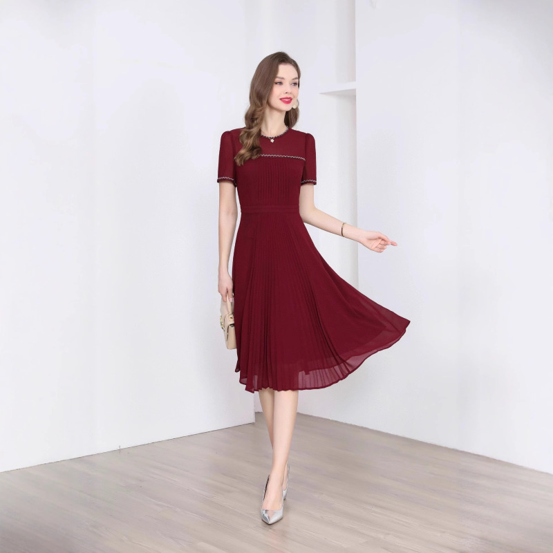 Burgundy Romantic Elegant Blooming Round Neck Short Sleeve Pleated Dress Women's Wave Ruffle Trim with Pleated A-Line Skirt