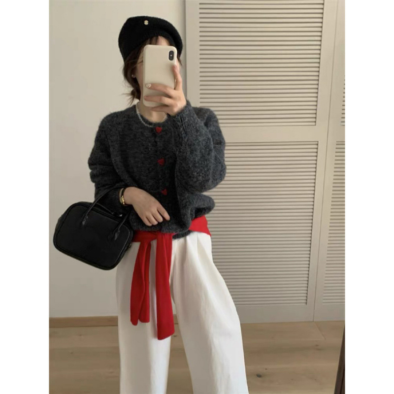 韩系温柔毛茸茸毛衣外套女秋冬宽松软糯爱心扣针织开衫插肩袖上衣|undefined