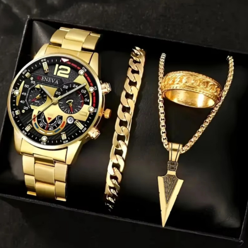 Cross-Border Popular Men's Fashion Stainless Steel Band Business Watch Fashion Pointer with Calendar Quartz Watch