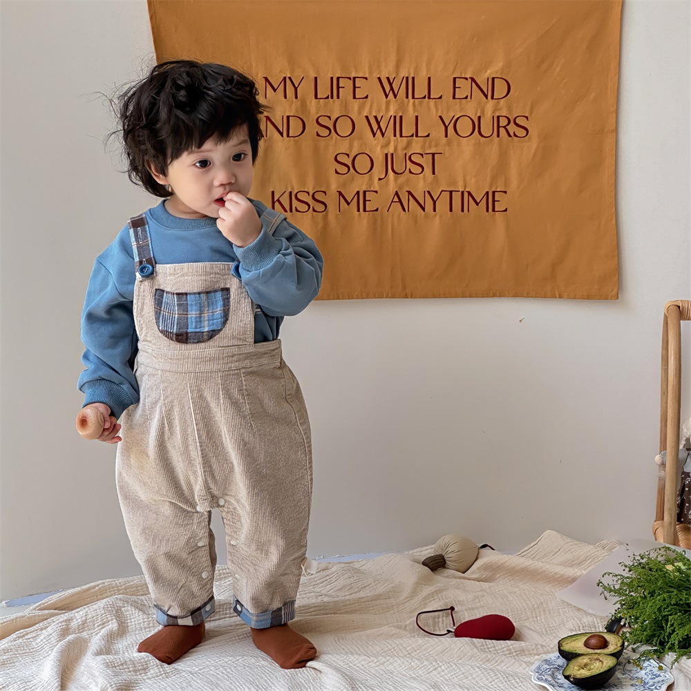 Ropa para niños coreanos 1-3 años, ropa para niños de otoño, traje de bebé, babero de pana, suéter de dos piezas