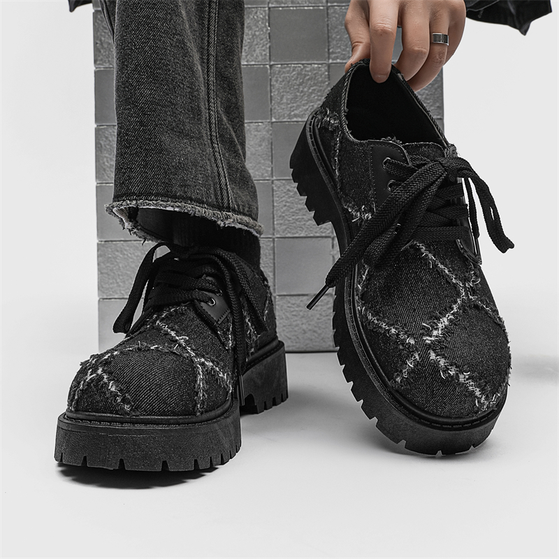 Baskets ShoeVault pour homme, collection automne, en toile noire délavée, semelle épaisse rehaussante, style derby décontracté._voghion.com