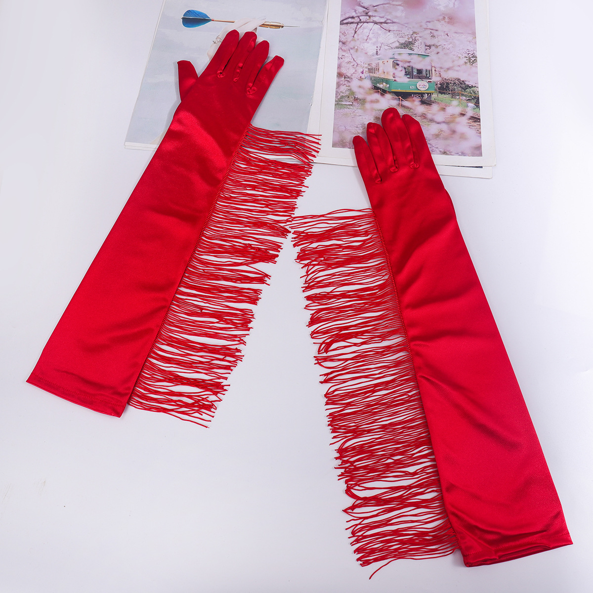 Larga borla etapa de la fiesta guantes sexy prom etiqueta guantes transfronterizos