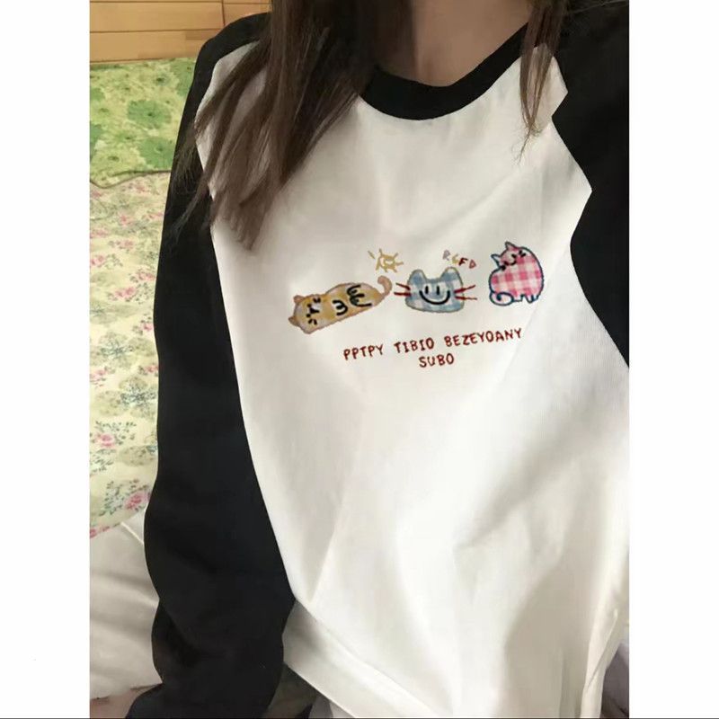 美式复古插肩t恤秋冬宽松显瘦体恤长袖棉上衣2025新款大码女装