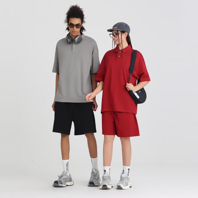 Cross-Border Trendy Brand Heavyweight Short-Sleeved Lapel Polo Shirt Spring and Summer American Street Pure Color Loose Top with Customized Logo