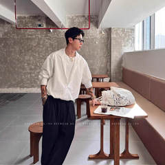 chic风美式休闲假两件衬衫夏季英伦痞帅老钱风简约长袖立领打底衫