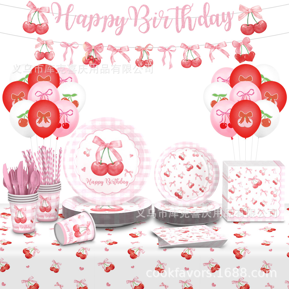 Nuevo arco de cereza tema decoración de fiesta de cumpleaños de niños bandeja de papel tazas de papel toallas de papel set de cubiertos