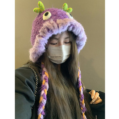 吉野/可愛兔毛小怪獸帽子女秋冬保暖手工毛線帽護耳雷鋒帽