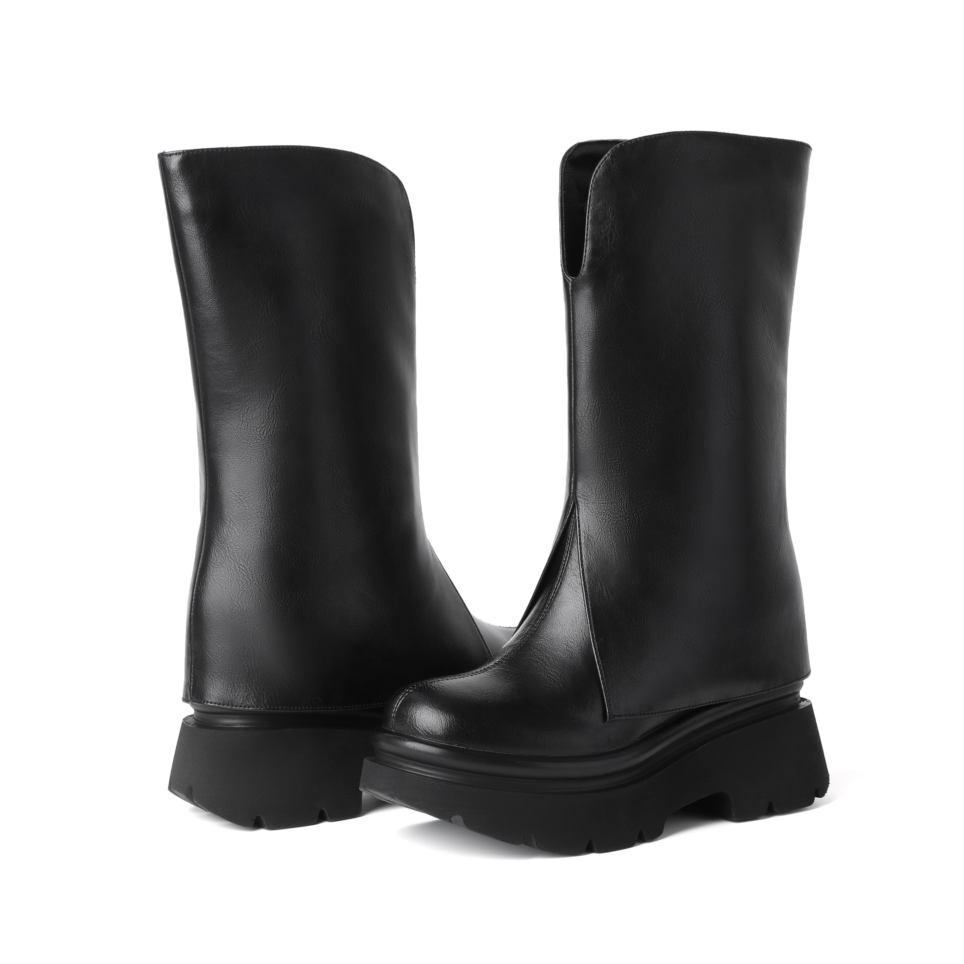 Boot nữ cổ cao ôm bắp chân phong cách Anh, gót độn trong 10 cm, ống giữa không quá đầu gối — Nhung đen chi tiết 15