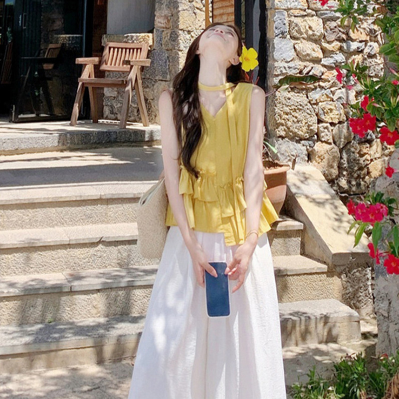 Irregular Ruffled Sweet Sleeveless Polka Dot Shirt and Wide-Leg Casual Pants Women's Summer New Fashion Set Trendy