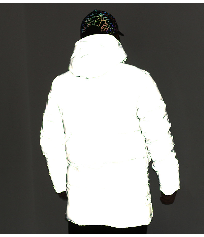 Pánské oblečení Nový zimní středně dlouhý reflexní bavlněný kabát Ztluštěný teplý reflexní bavlněný kabát Módní svítící kabát_voghion.com