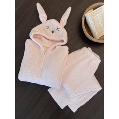少女可爱兔耳朵连帽半边绒睡衣女冬季新款甜美粉色毛绒针织家居服