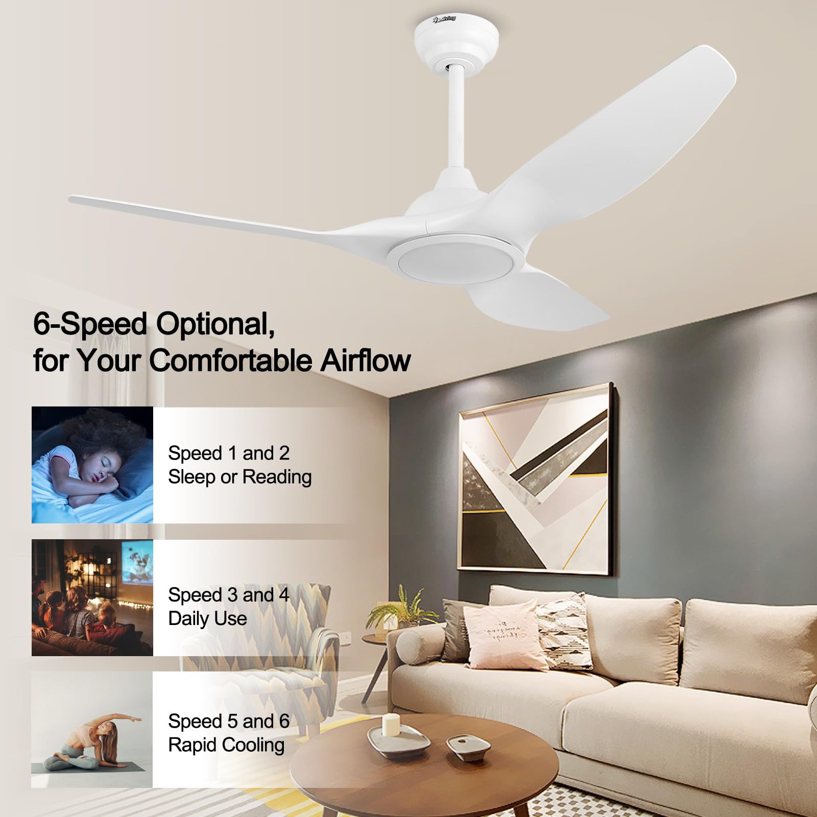 52inch White Abs Ceiling Fan with Light Cross-Border New Large Wind Living Room Ceiling Fan