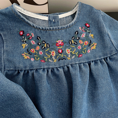 Children's Spring Clothing Kids' New 2024 Girls' Soft Denim Embroidered Dress Long Sleeve Skirt Korean Version Stylish and Versatile