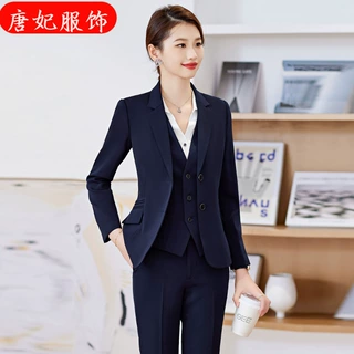 2023年春秋季新款深蓝色长袖西装外套女衬衫裤子短裙四件套装通勤